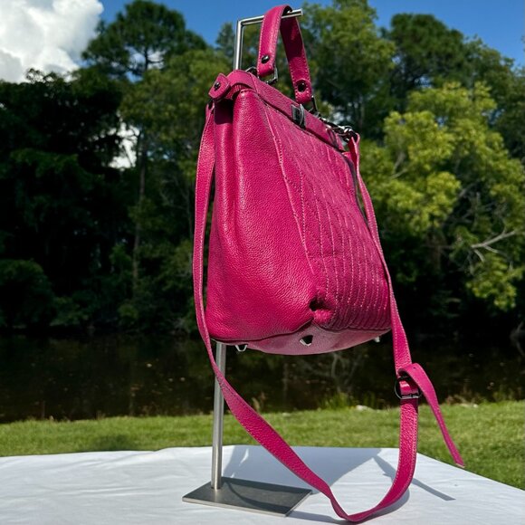 Pulicati Leather Magenta Double Turn Lock Top Handle Crossbody Tote NEW - Picture 3 of 16